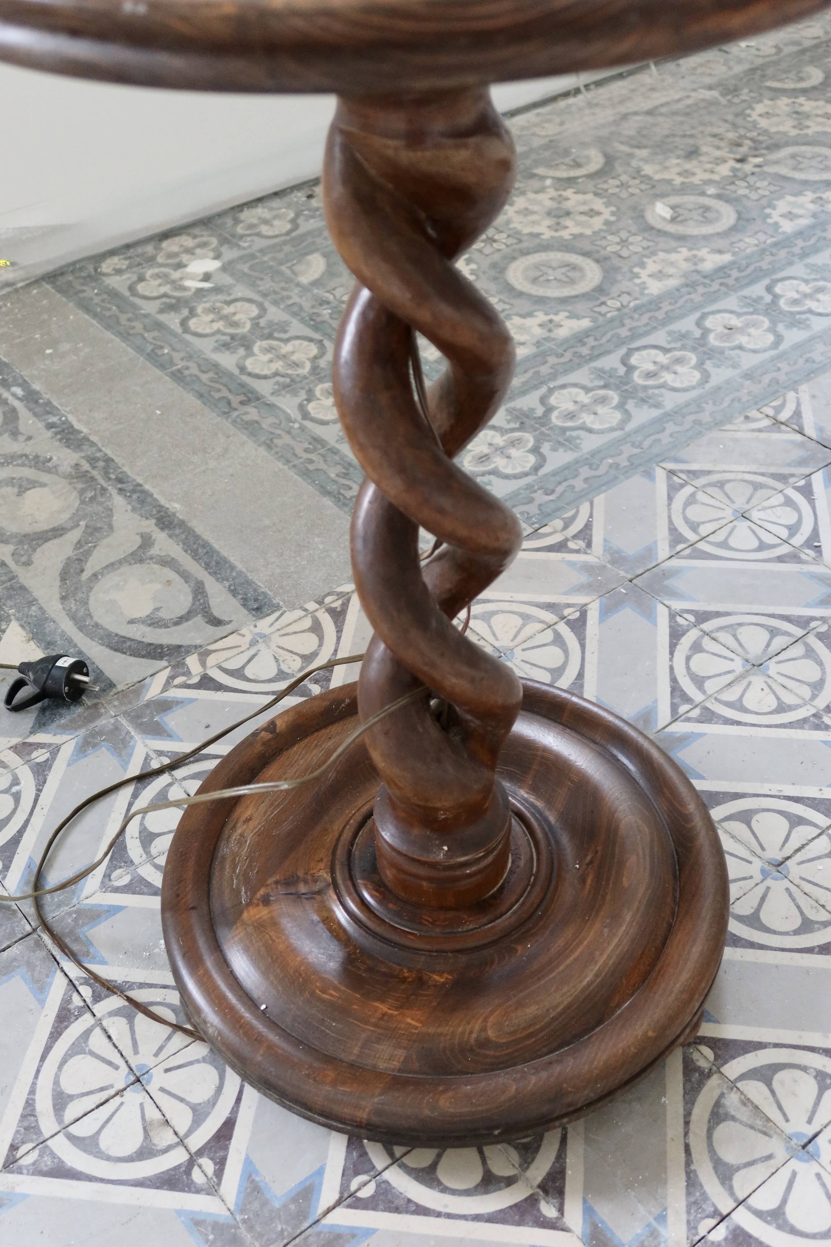 Vintage twisted turned wooden lamp base with shelf.