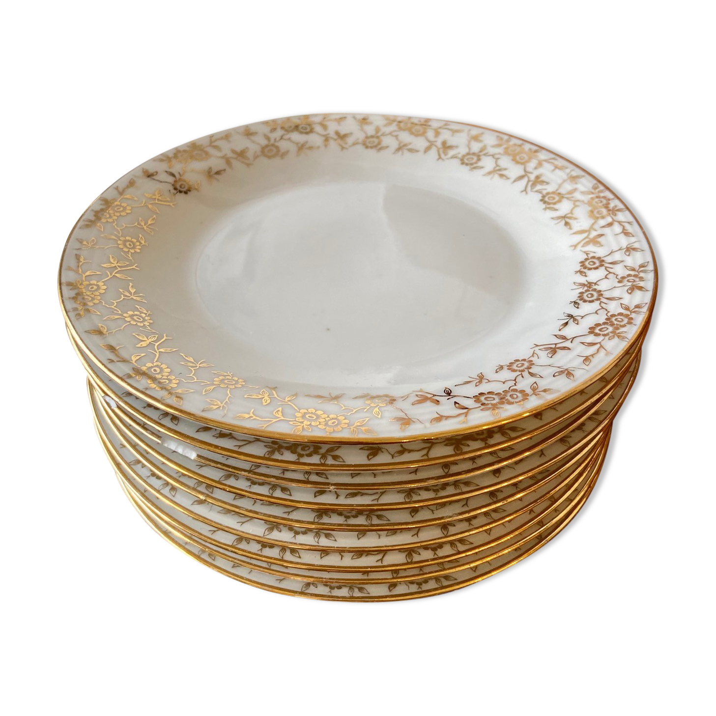 Set of 9 dessert plates in white and gold porcelain