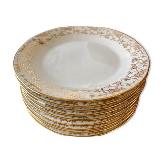 Set of 9 dessert plates in white and gold porcelain