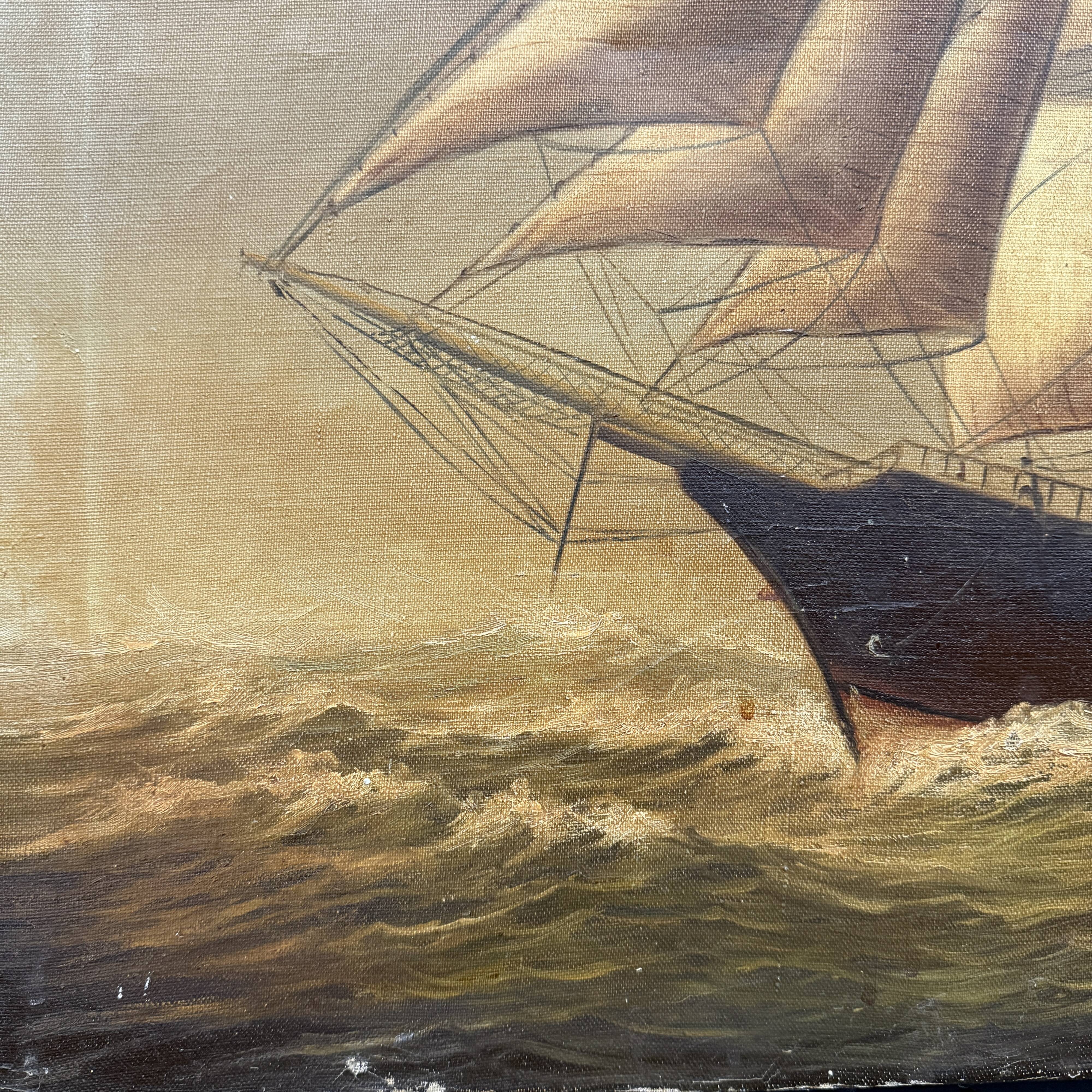 Large old oil painting of a ship
