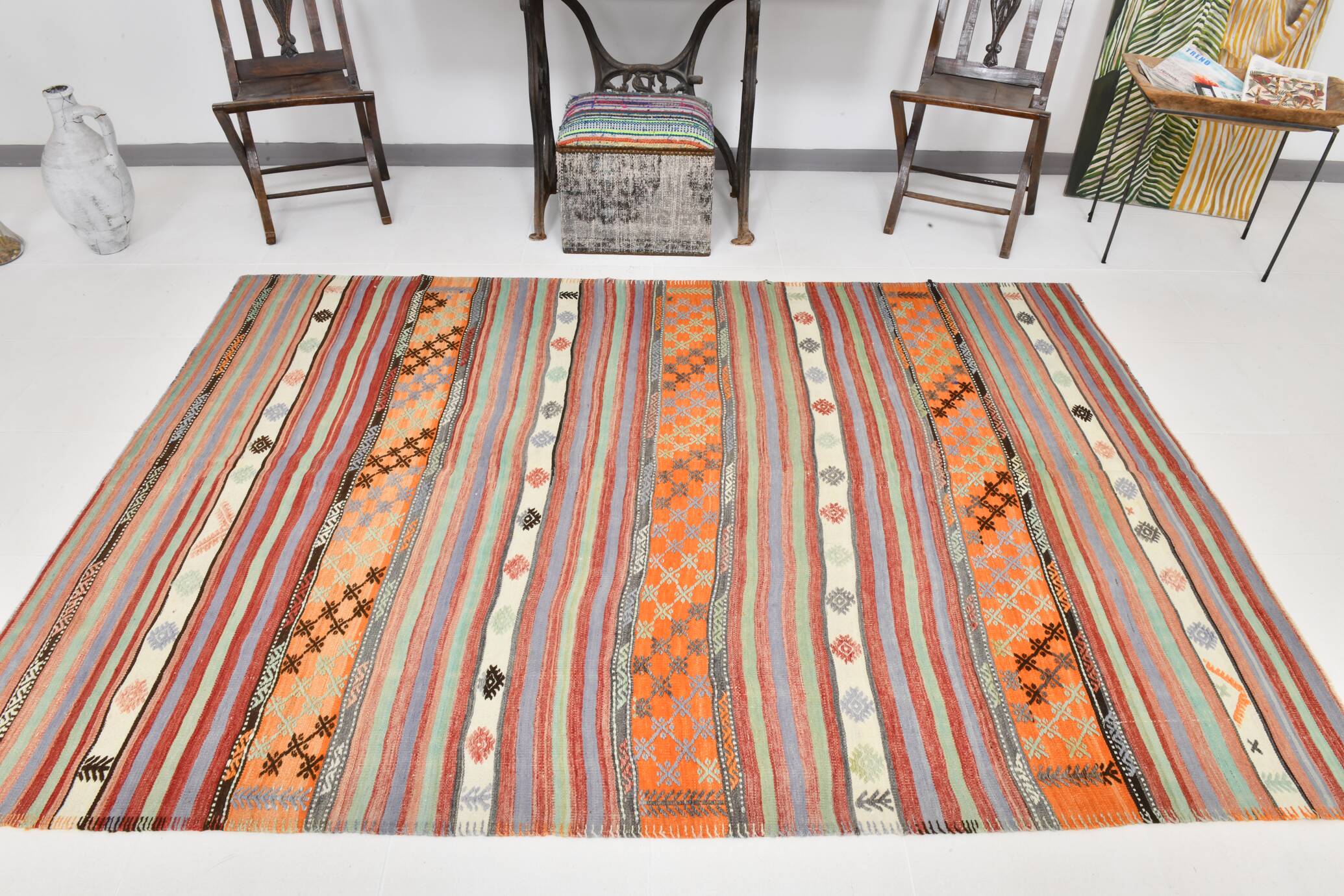 5x8 Orange & Red Striped Vintage Kilim Rug, 173x255Cm SK 32784