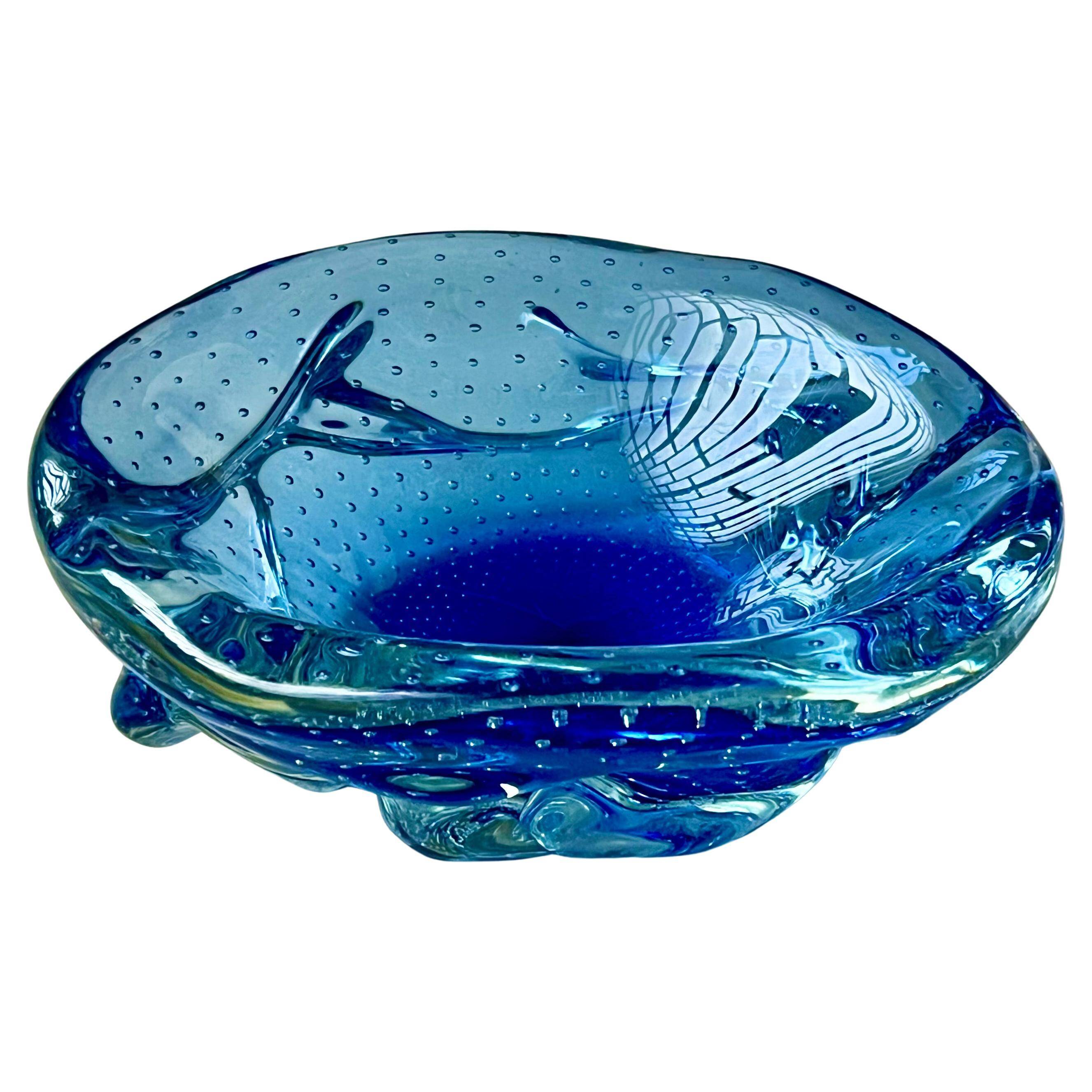 Bol décoratif en verre de Murano "Bullicante" bleu, objet de collection vintage
