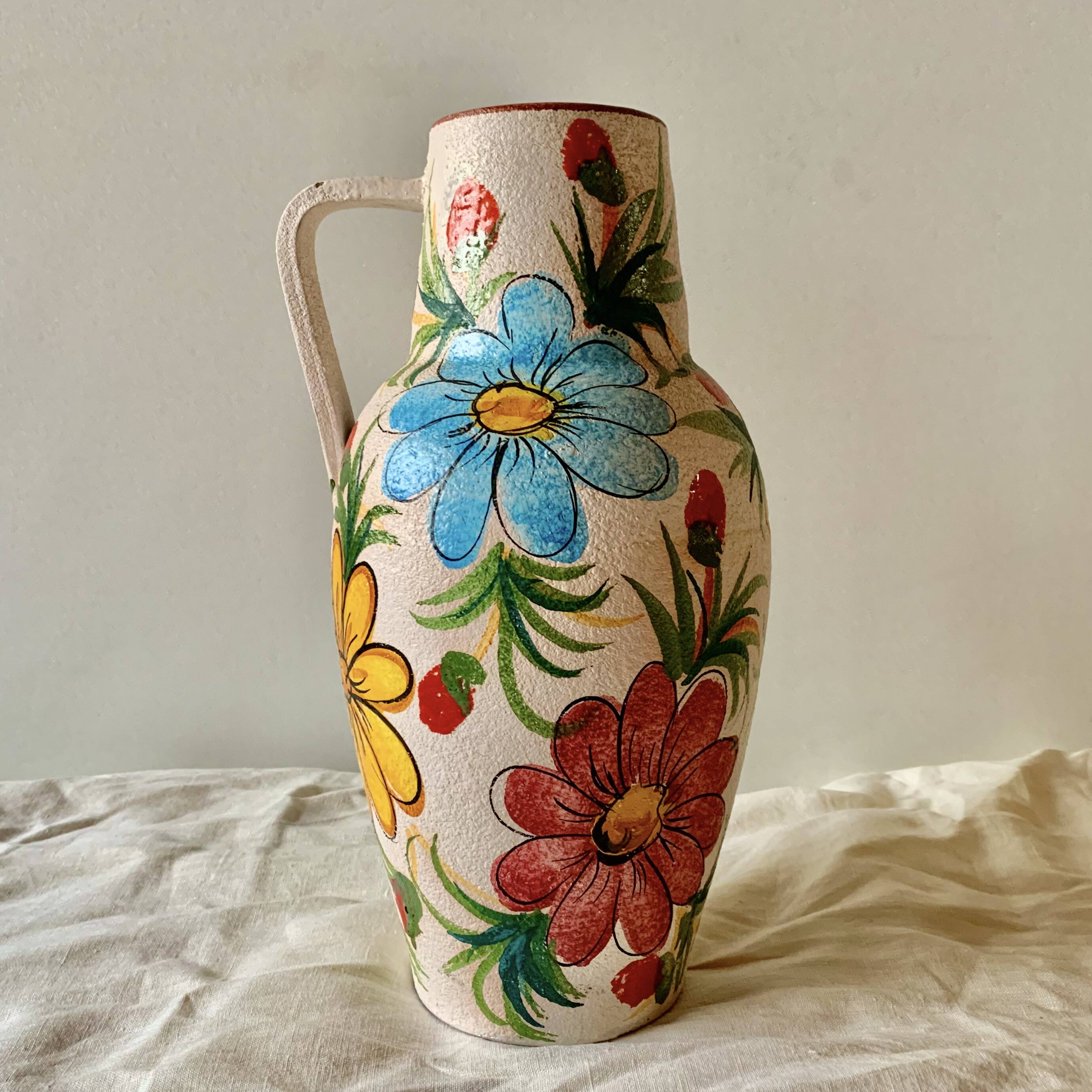 Large vintage ceramic vase - hand-painted floral decoration - Italy