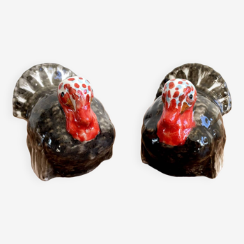 Turkey Salt and Pepper Shakers, Vintage Ceramic Majolica Tableware in the Shape of Birds