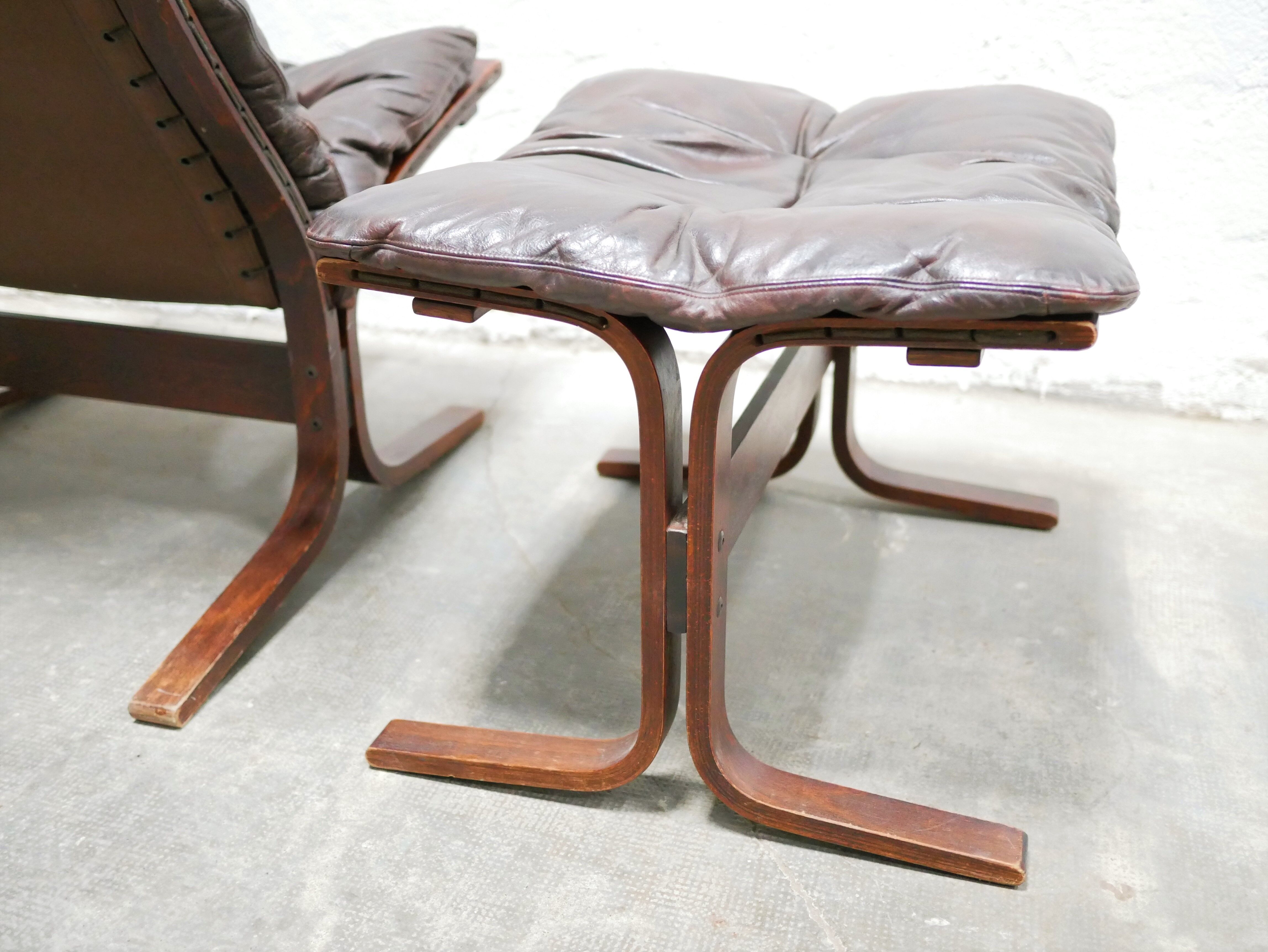 Scandinavian armchair and ottoman Siesta in brown leather by Ingmar Relling for Westnofa editions