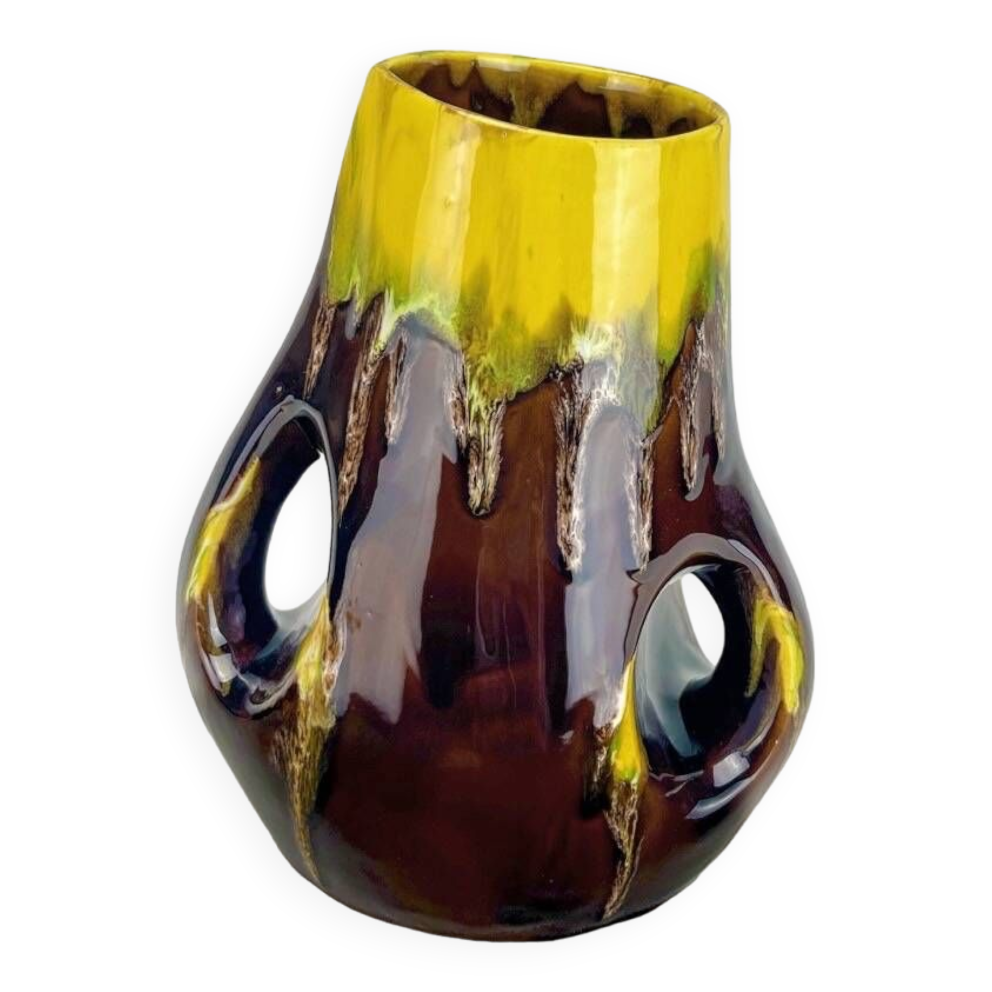 Vase with handle in glazed ceramic with vintage drips