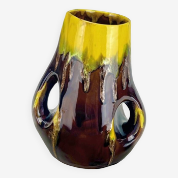 Vase with handle in glazed ceramic with vintage drips