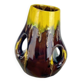 Vase with handle in glazed ceramic with vintage drips