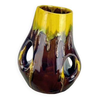 Vase with handle in glazed ceramic with vintage drips