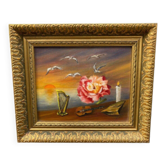 Surrealist oil on canvas by Lulour signature to identify musical instruments 1985