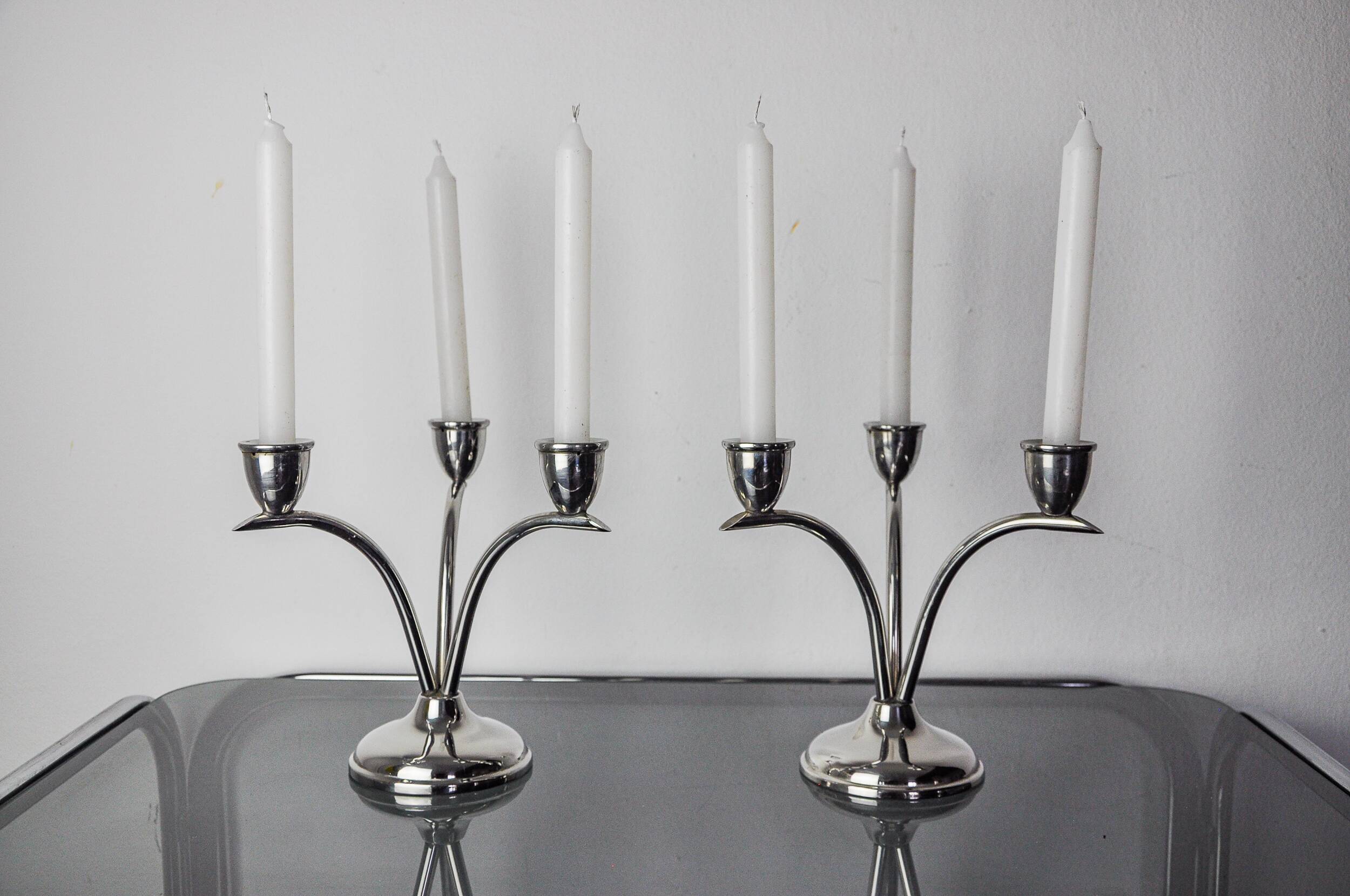 Pair of art deco stainless steel 3-flame candlesticks, Spain, 1970