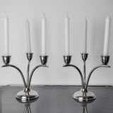 Pair of art deco stainless steel 3-flame candlesticks, Spain, 1970