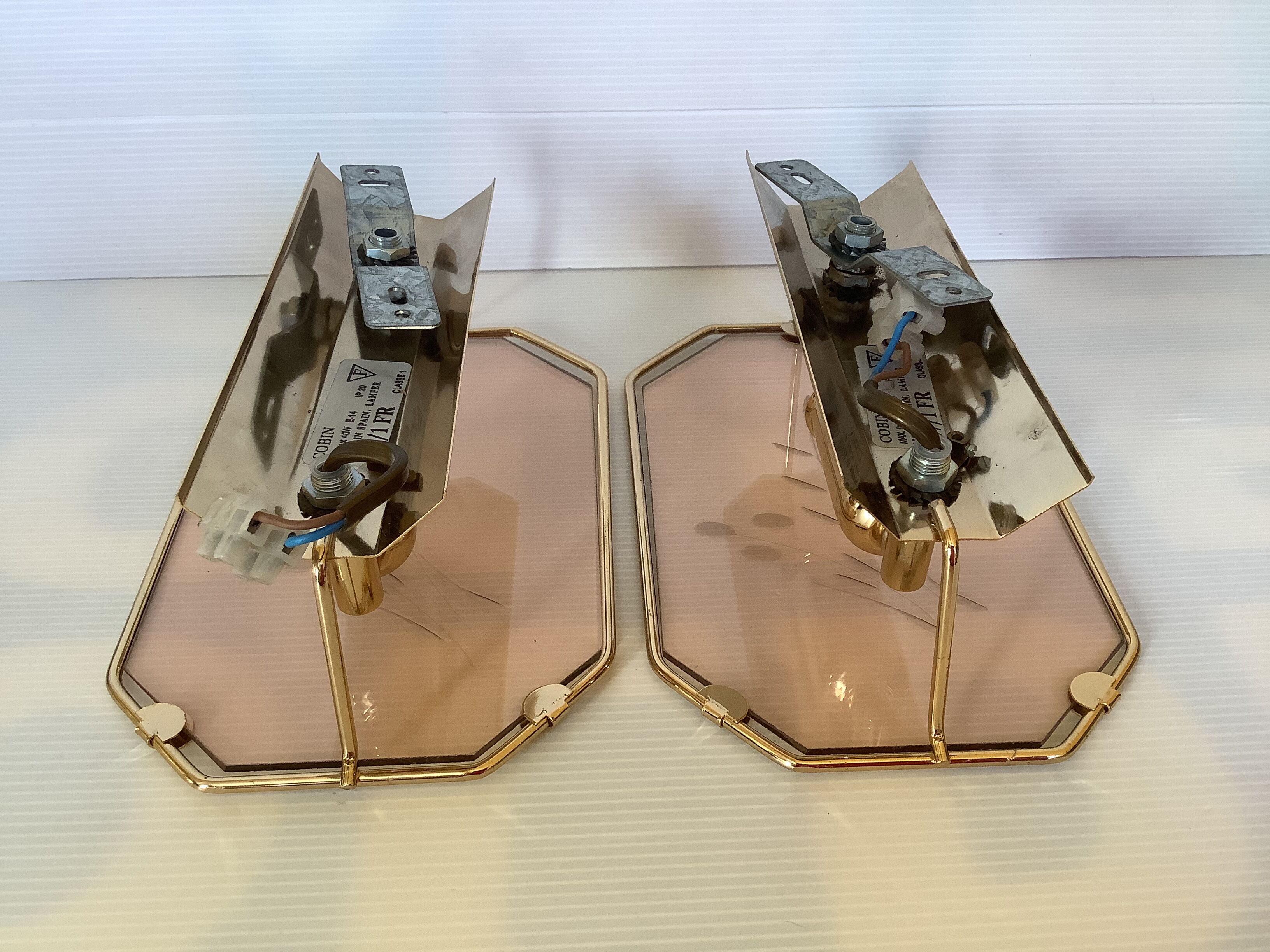 Pair of old brass wall lamps cut glass