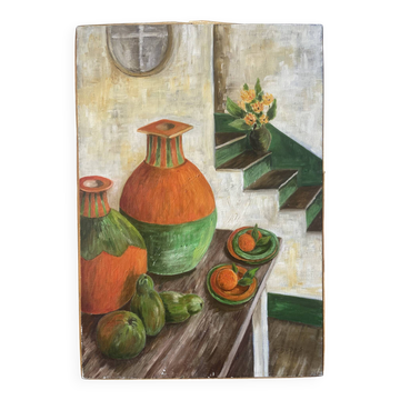 Géométrie du jardin intérieur, huile sur toile signé