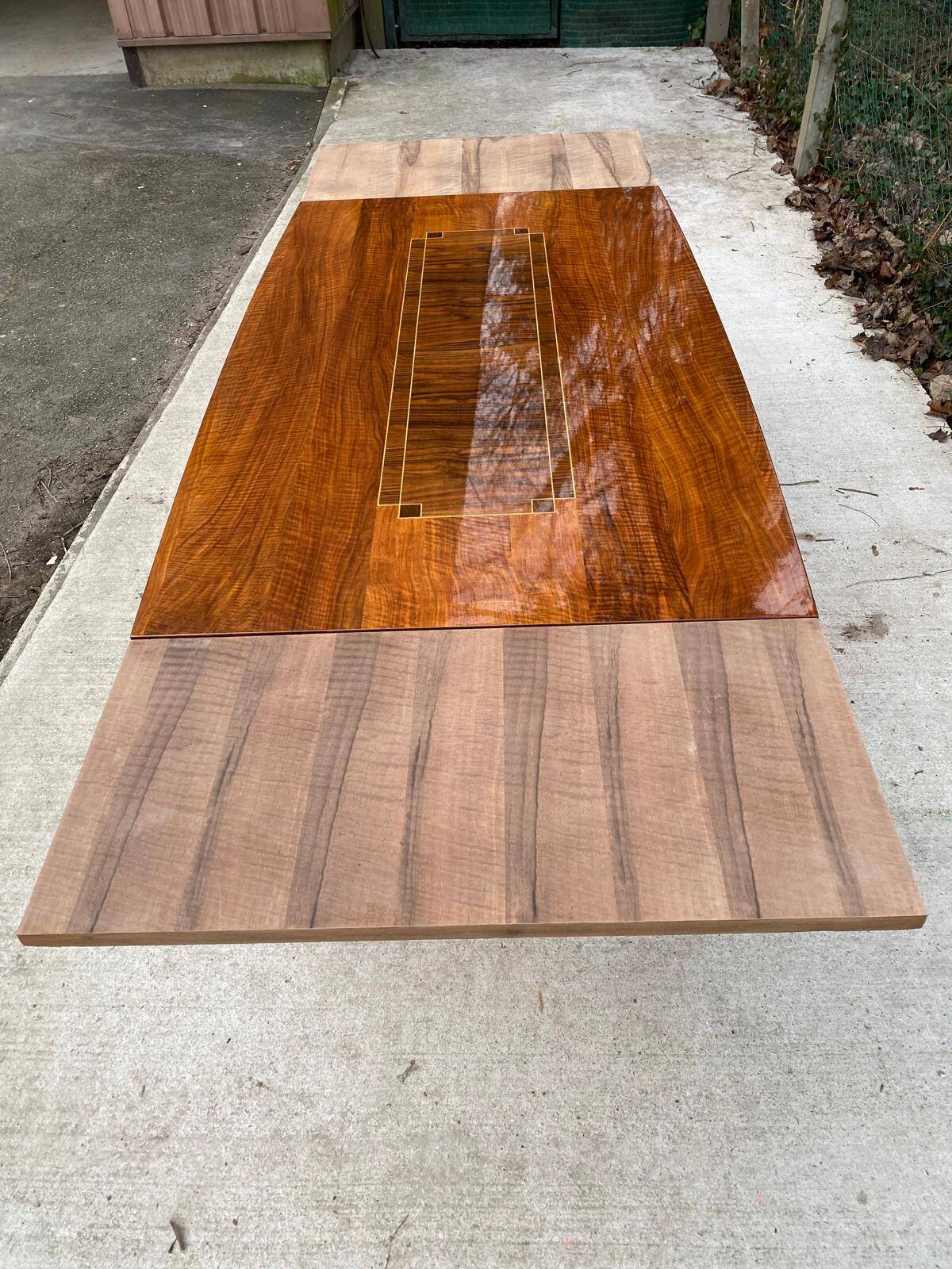 Scandinavian extendable dining table in wood and beautiful lacquered marquetry 230cm
