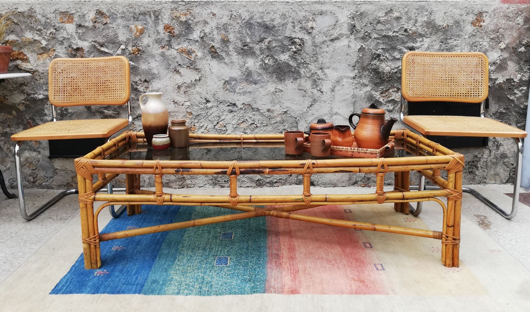 Rattan coffee table and glass