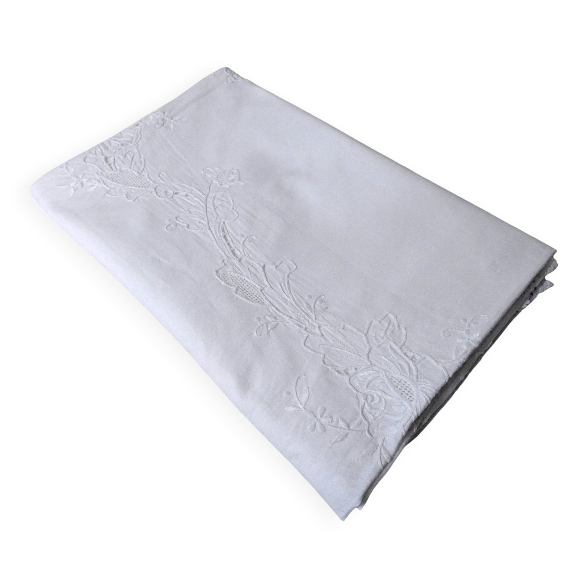 Ancienne nappe blanche brodée rectangulaire 150 x 100 cm