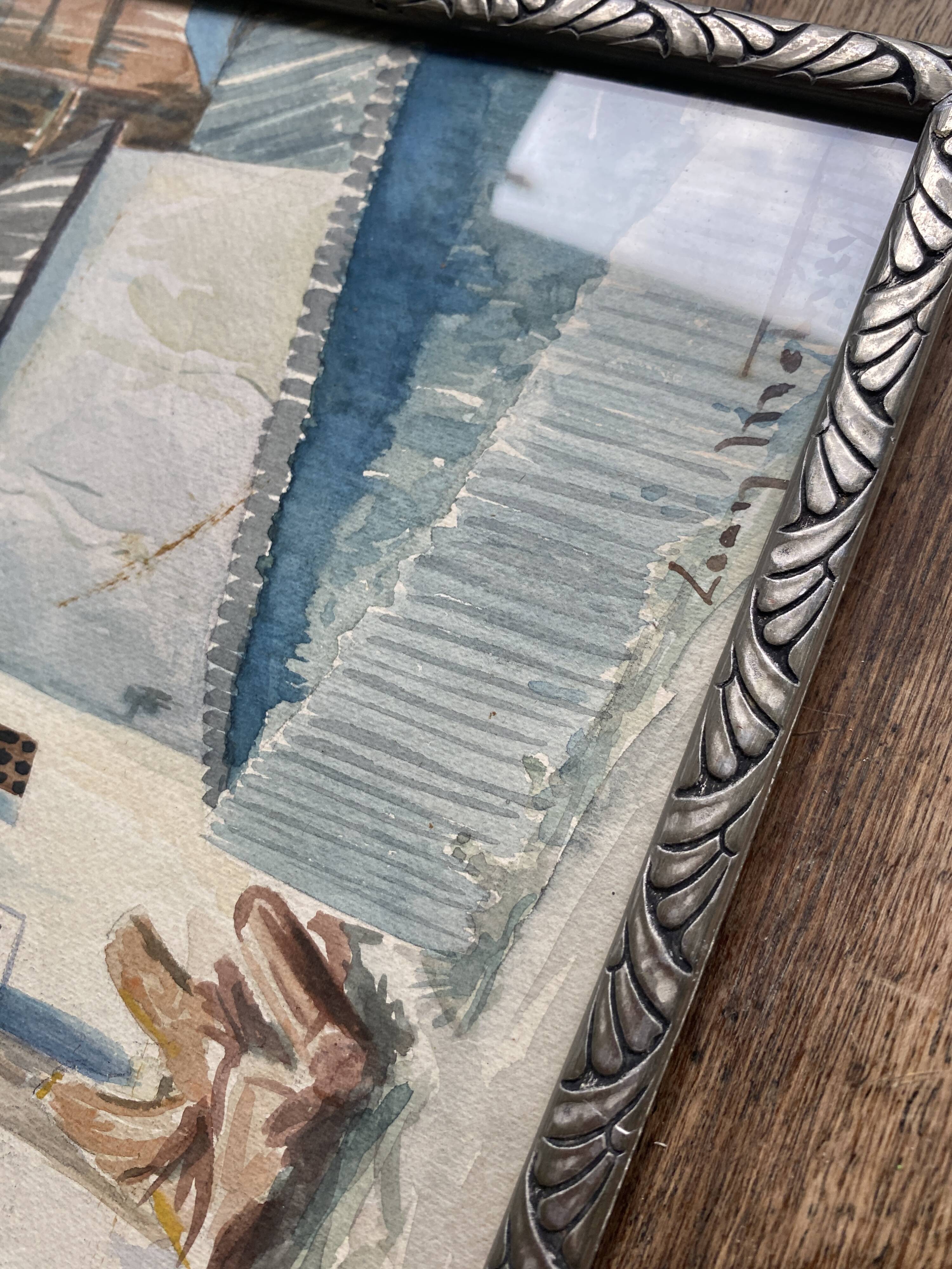 Aquarelle 1920, cadre bois sculpté argenté