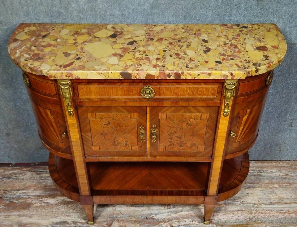 Commode / Half-moon sideboard inlaid – Marble top – Louis XVI style -