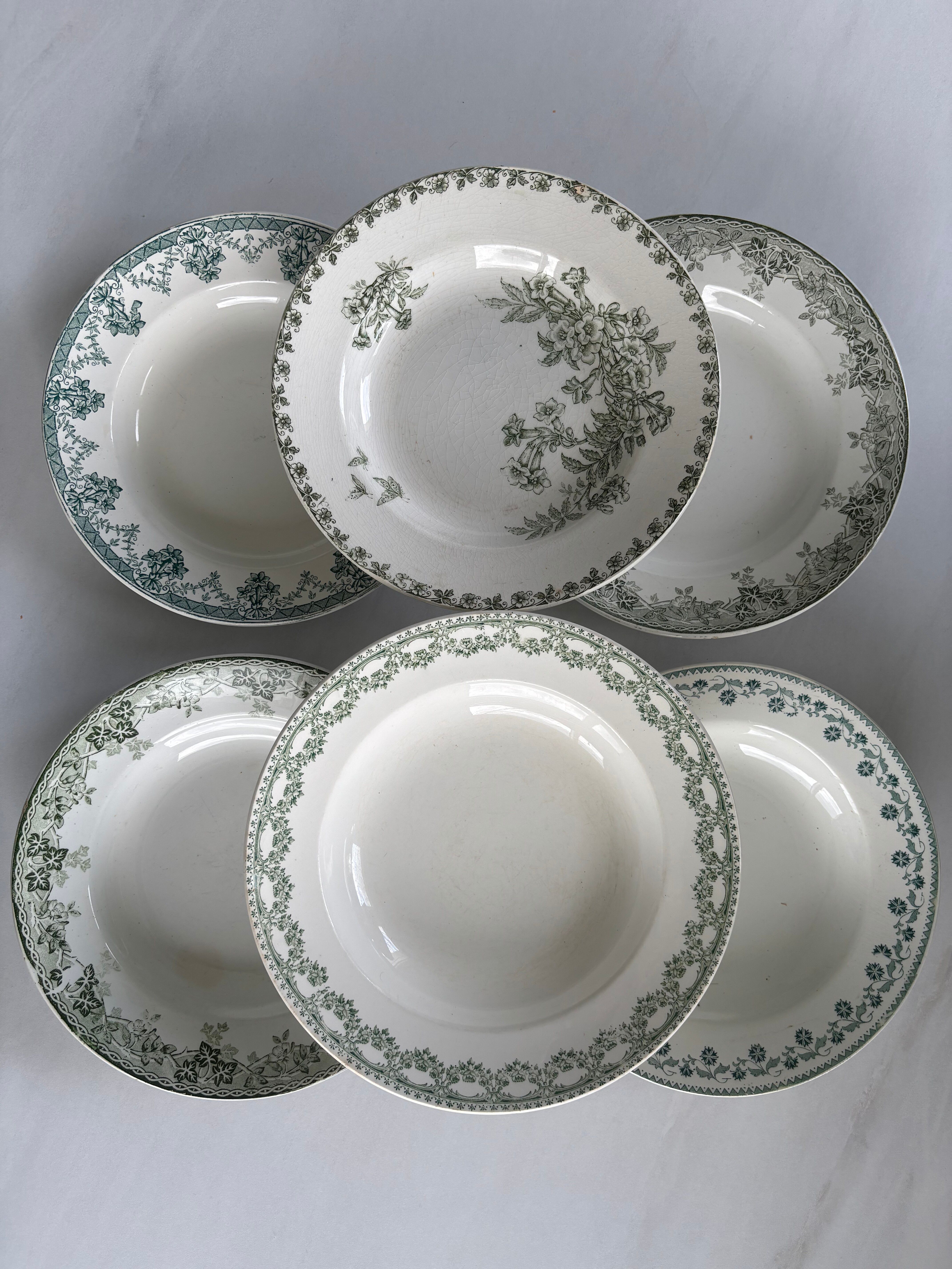 Set of 6 blue and green ironstone deep plates, French earthenware.