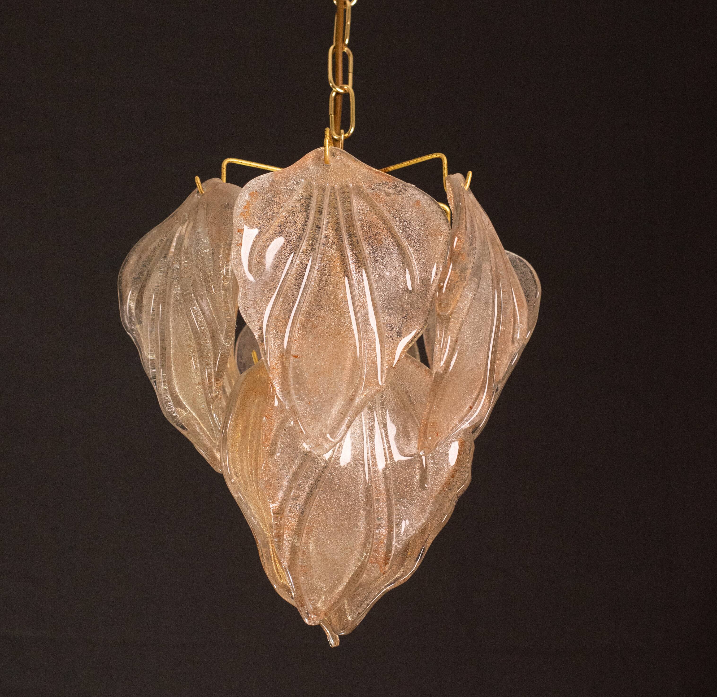 Gorgeous vintage Murano chandelier with leaves of orange and pink highlights