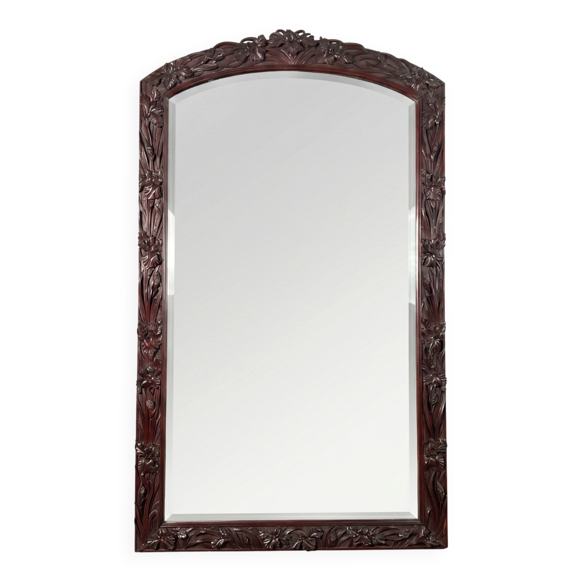 Large mirror (2 metres) Art Nouveau in carved mahogany with high-relief decoration.