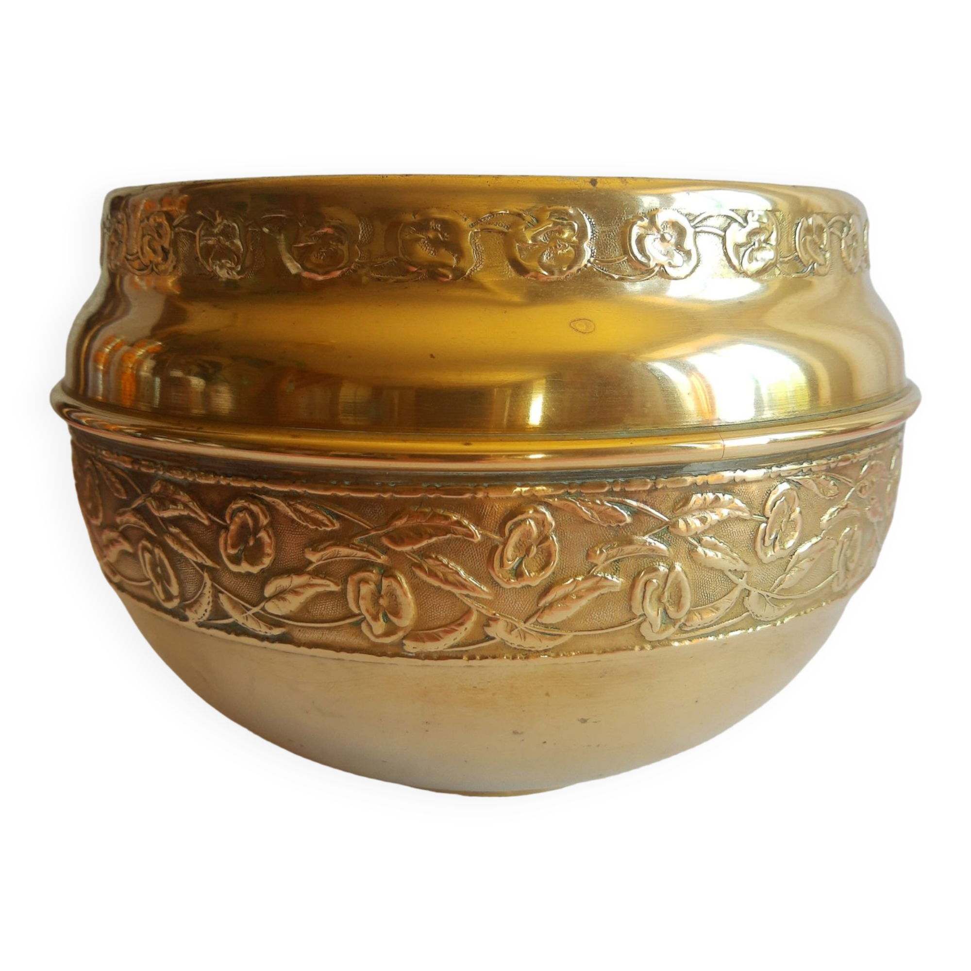 Old brass cache pot with vintage floral frieze