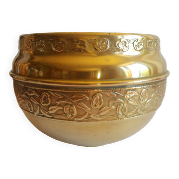 Old brass cache pot with vintage floral frieze