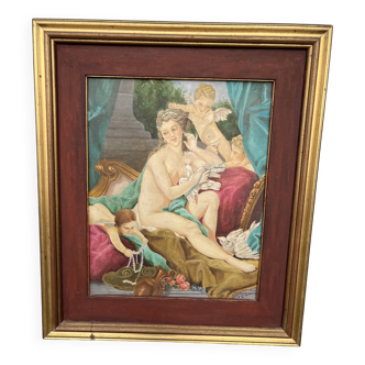 Painting of a naked woman, goddess surrounded by putti and doves in the style of X