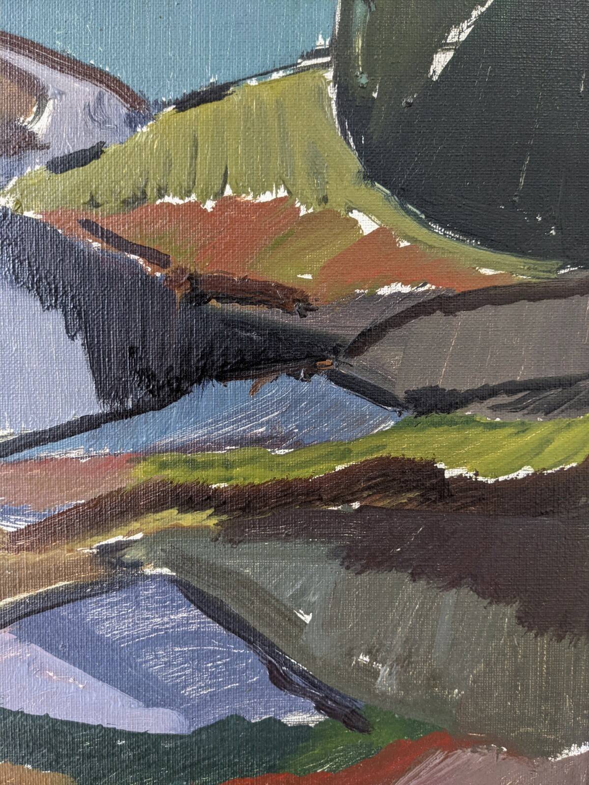 Mid-Century Modern "Meander" Vintage Expressionist River Landscape Oil Painting, Framed