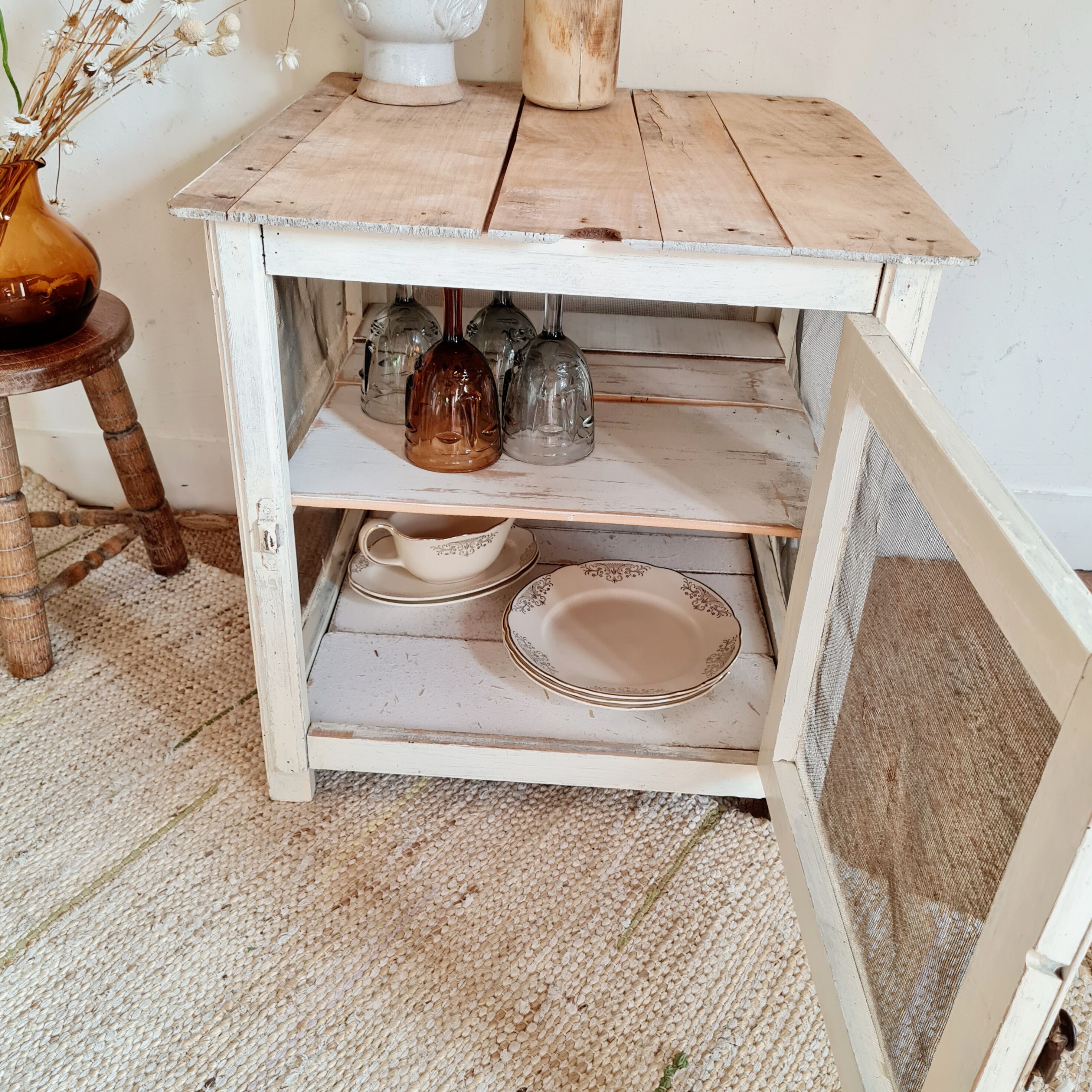 Wooden pantry and white mesh
