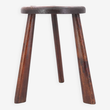 Tabouret tripode en bois, pieds sabre, art populaire années 50