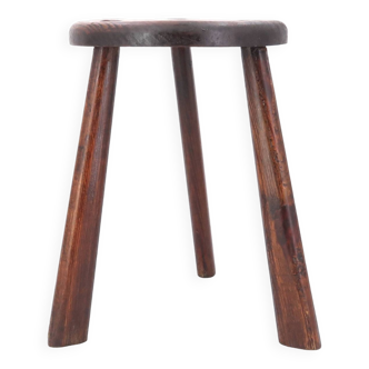 Tabouret tripode en bois, pieds sabre, art populaire années 50