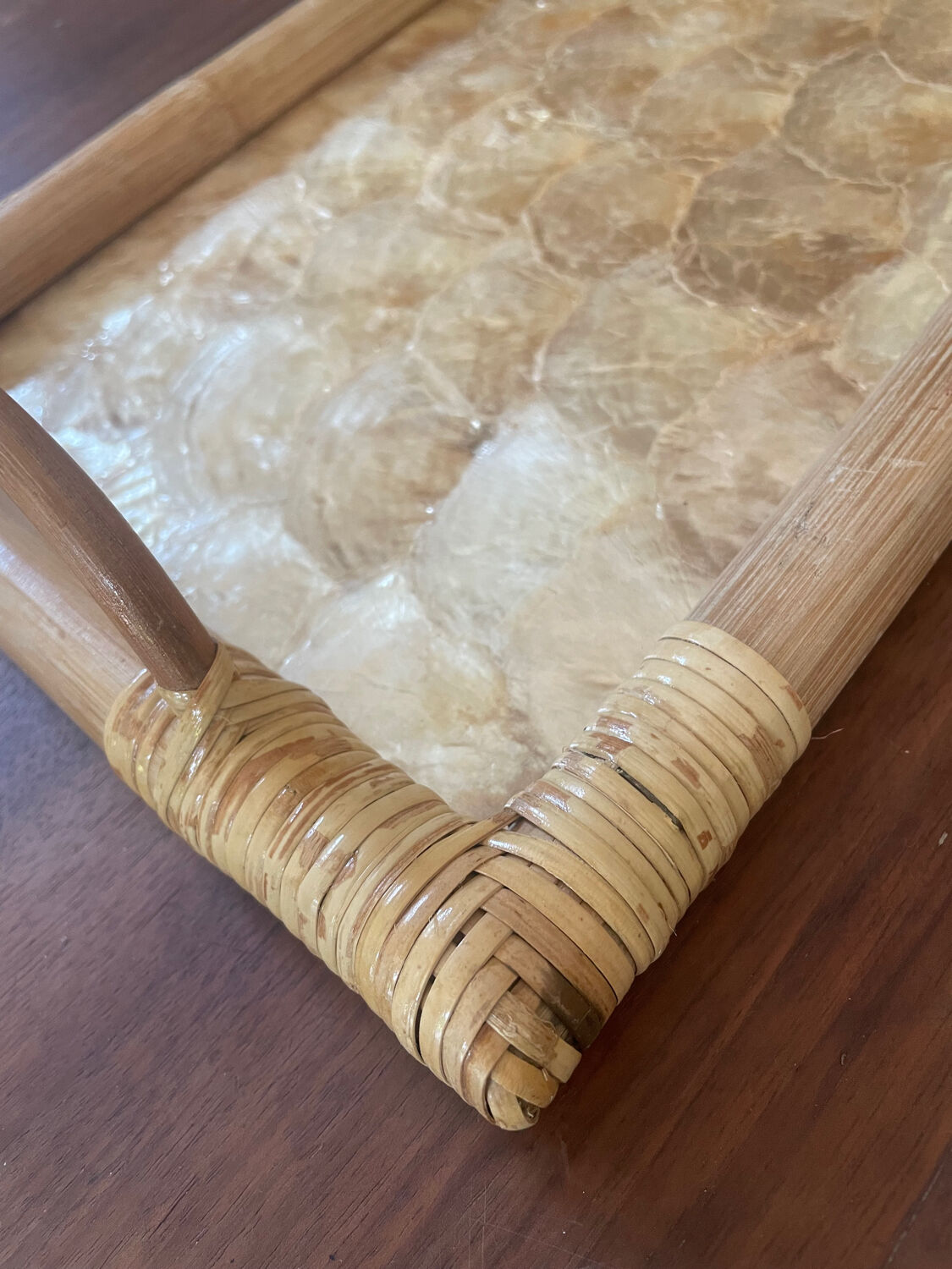 Vintage mother-of-pearl and rattan tray