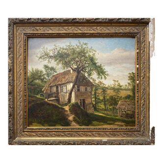 Table XIX° century, farm with thatched roof in the woods", signed Delattre
