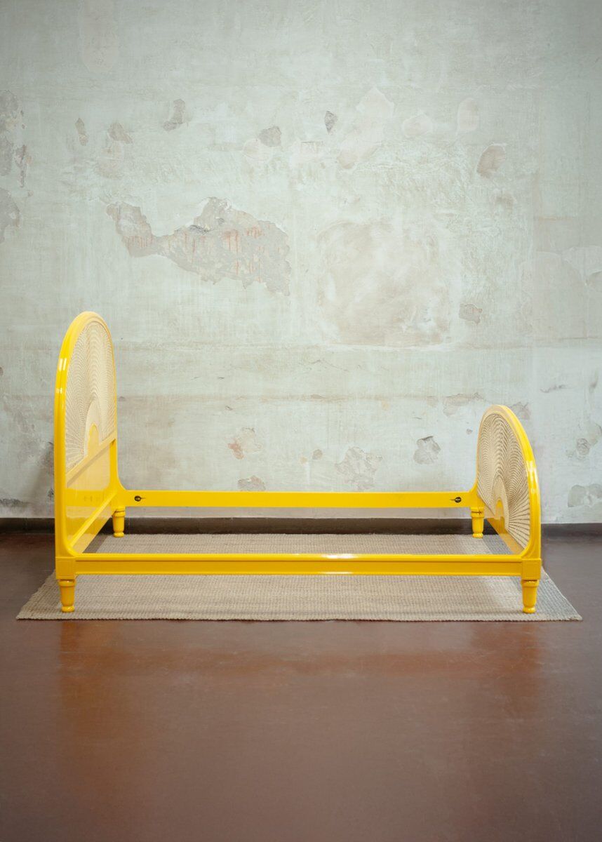 Yellow lacquered wooden bed with Vienna straw, 1980s