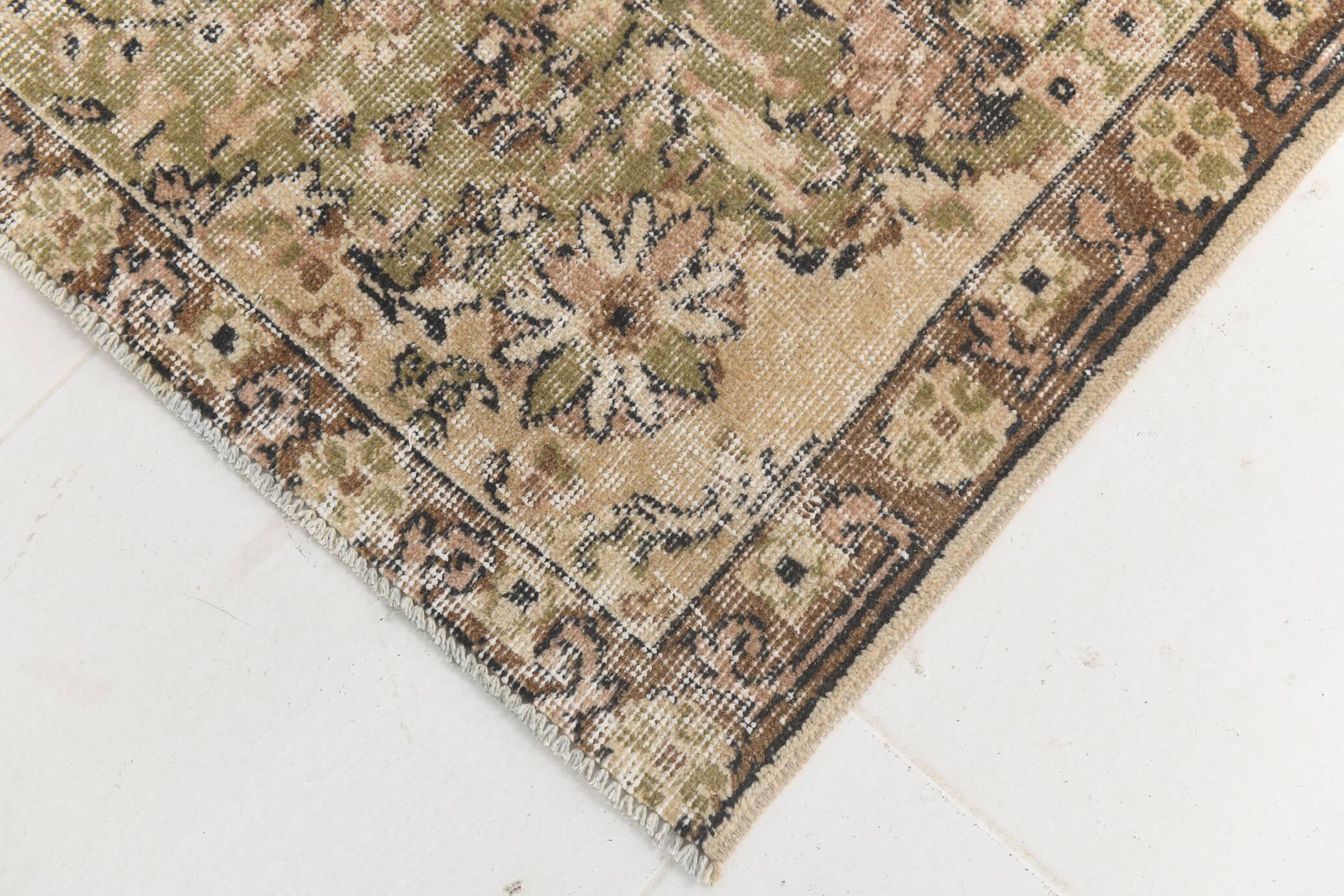 7x9 Cream & Green Floral Pattern Vintage Area Rug, 202x278Cm