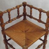 Antique French Turned Wooden Bobbin Chair with Rush Seat