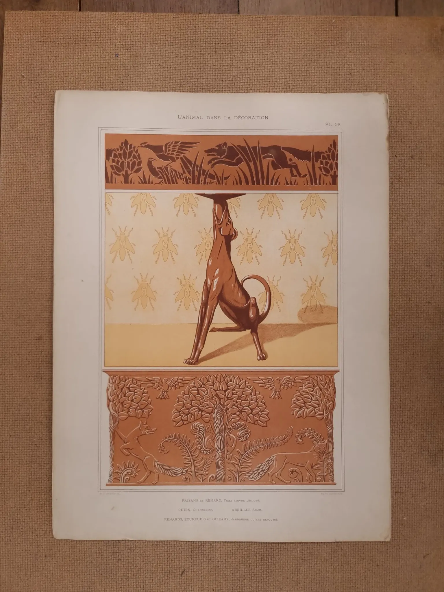 Art nouveau lithograph dog candlestick and bees – M.P. Verneuil, 1897