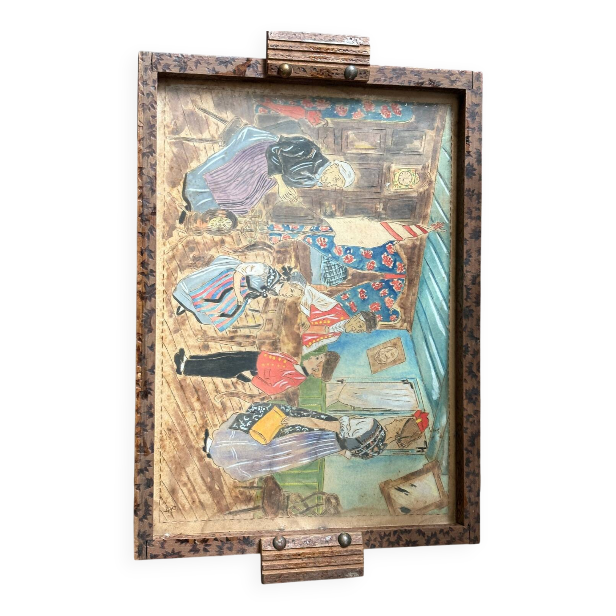 Antique wooden tray depicting a family scene