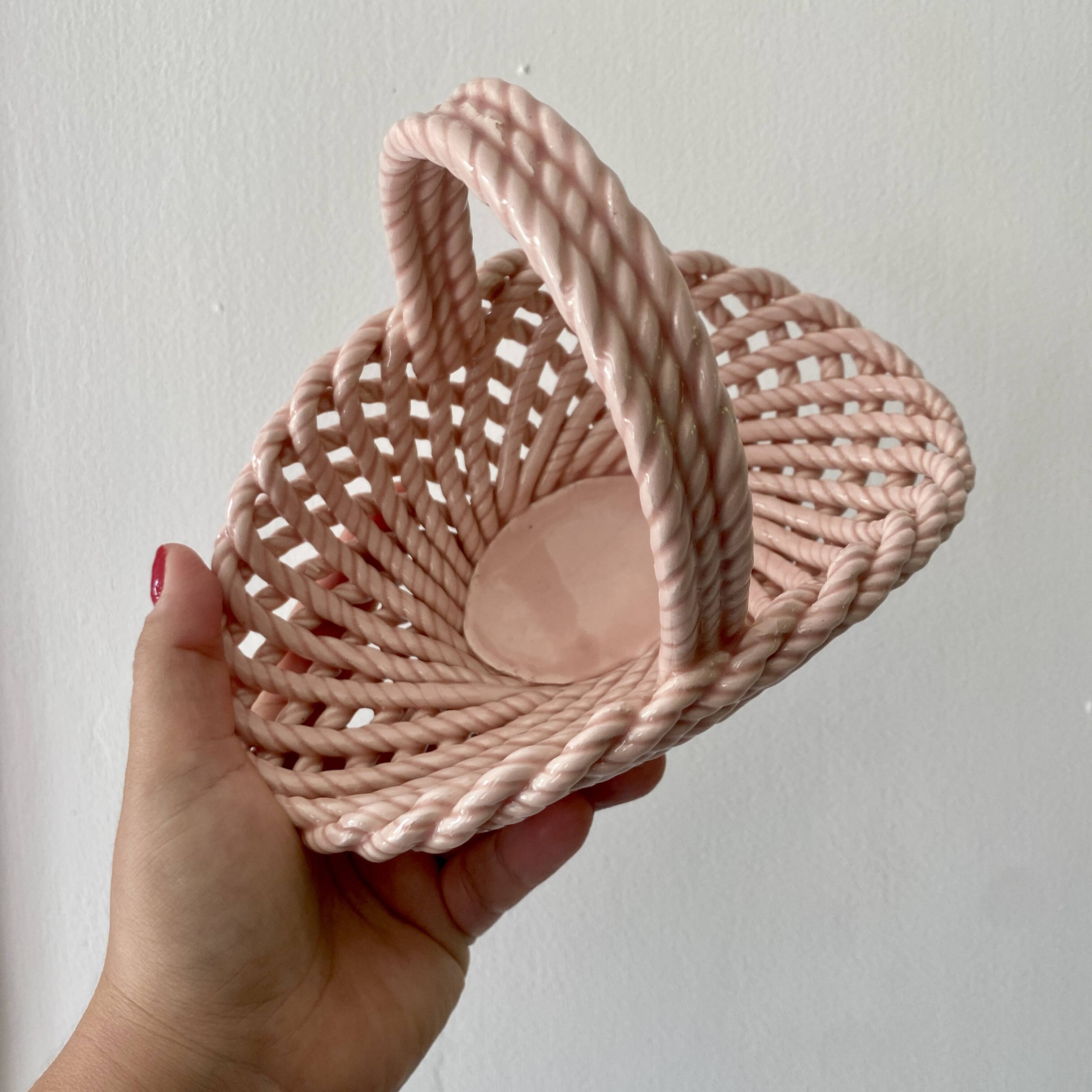 Vintage pink woven ceramic basket