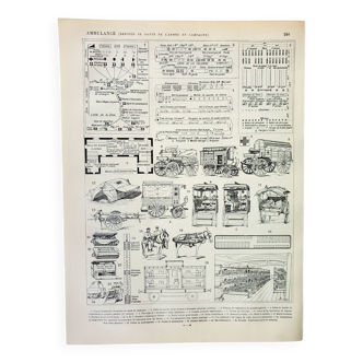 Gravure ancienne 1898, Ambulance de l'armée, pompier,  • Lithographie, Planche originale