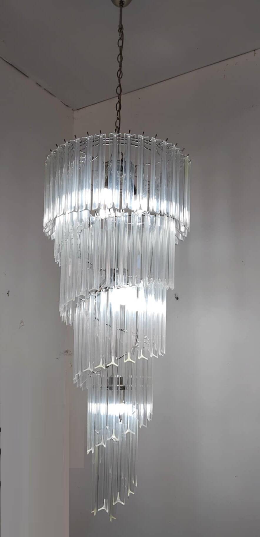 Large spiral chandelier with acrylic crystal trihedrons
