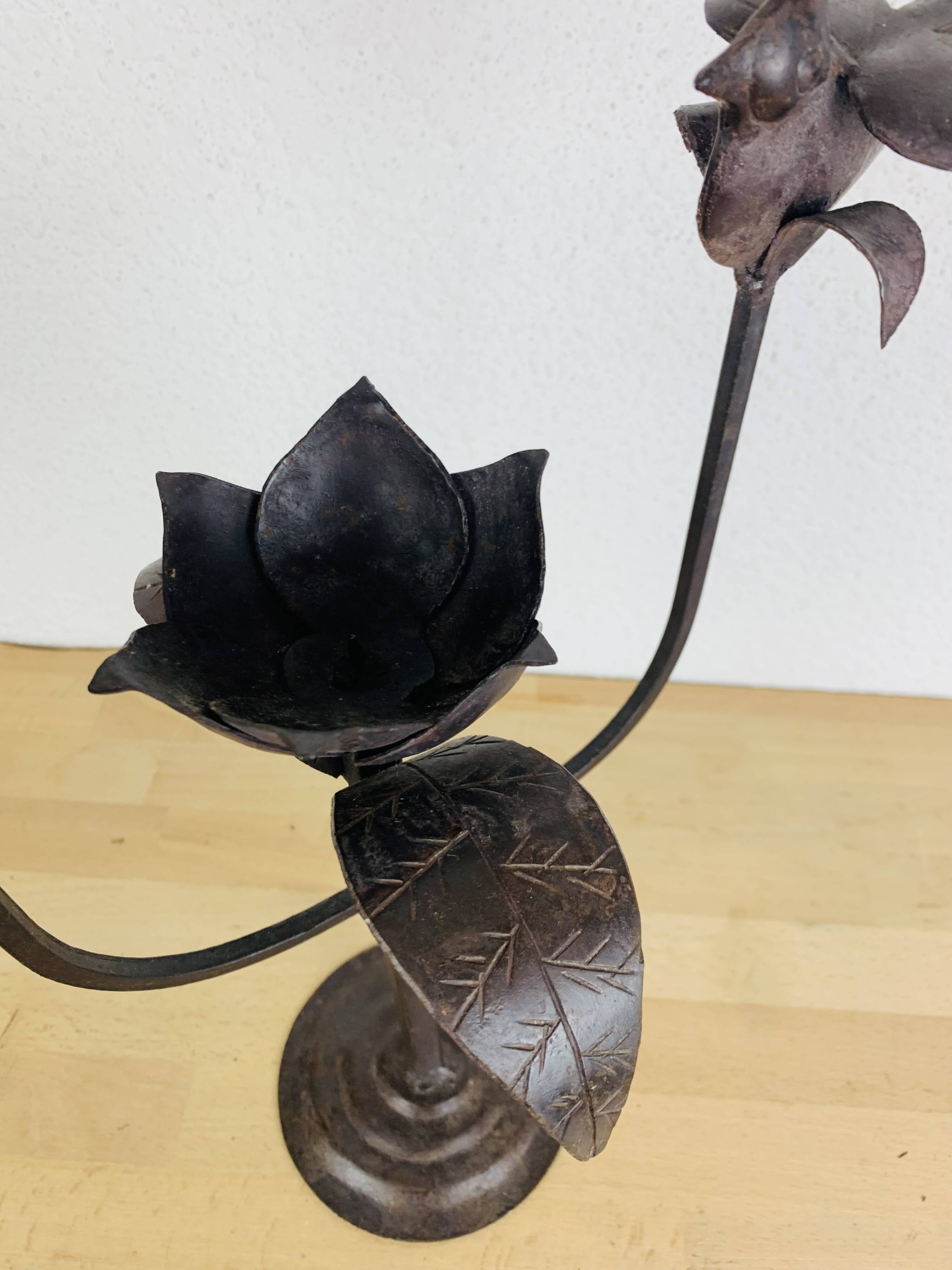 Brutalist wrought iron candle holder with birds