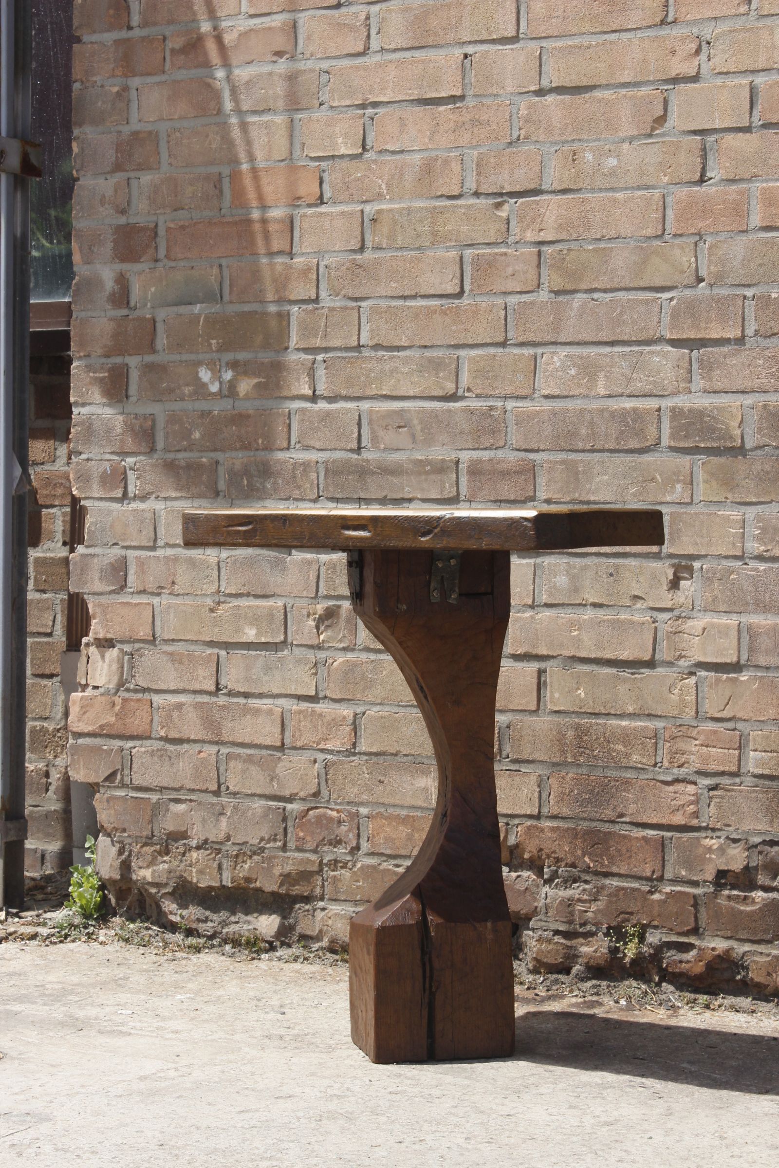 Brutalist console in solid wood worked with gouge & wrought iron, France 1950s