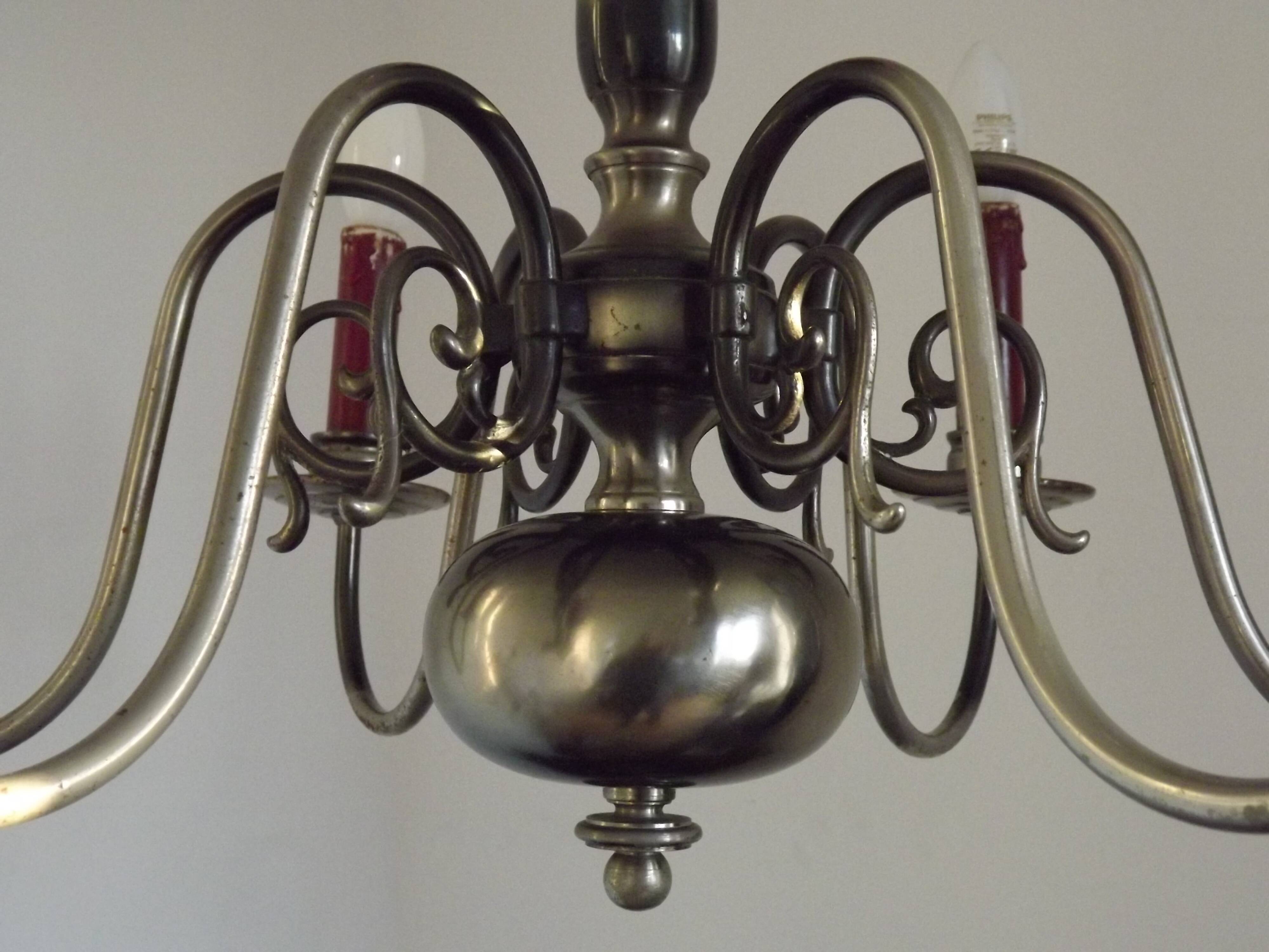 French Vintage Two-Tone Silver Metal 6-Light Flemish Chandelier with Red Drips