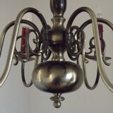 French Vintage Two-Tone Silver Metal 6-Light Flemish Chandelier with Red Drips