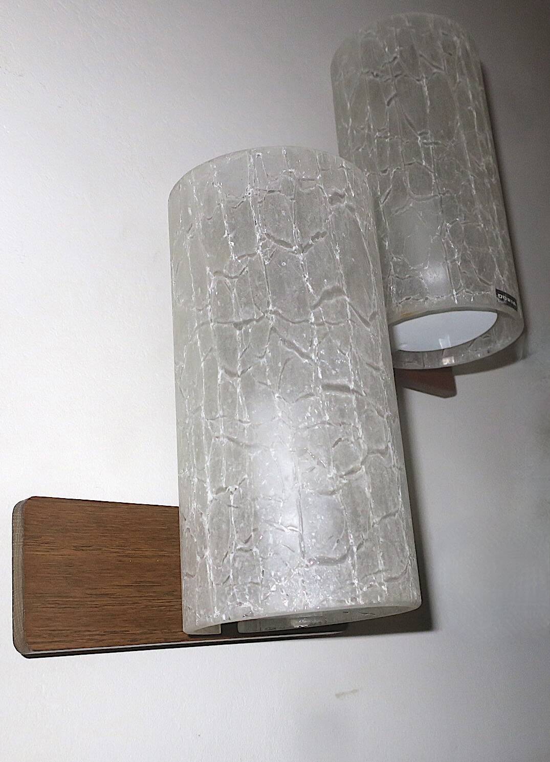 Pair of Doria crackled frosted glass and teak wall lights, 1960s