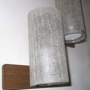 Pair of Doria crackled frosted glass and teak wall lights, 1960s