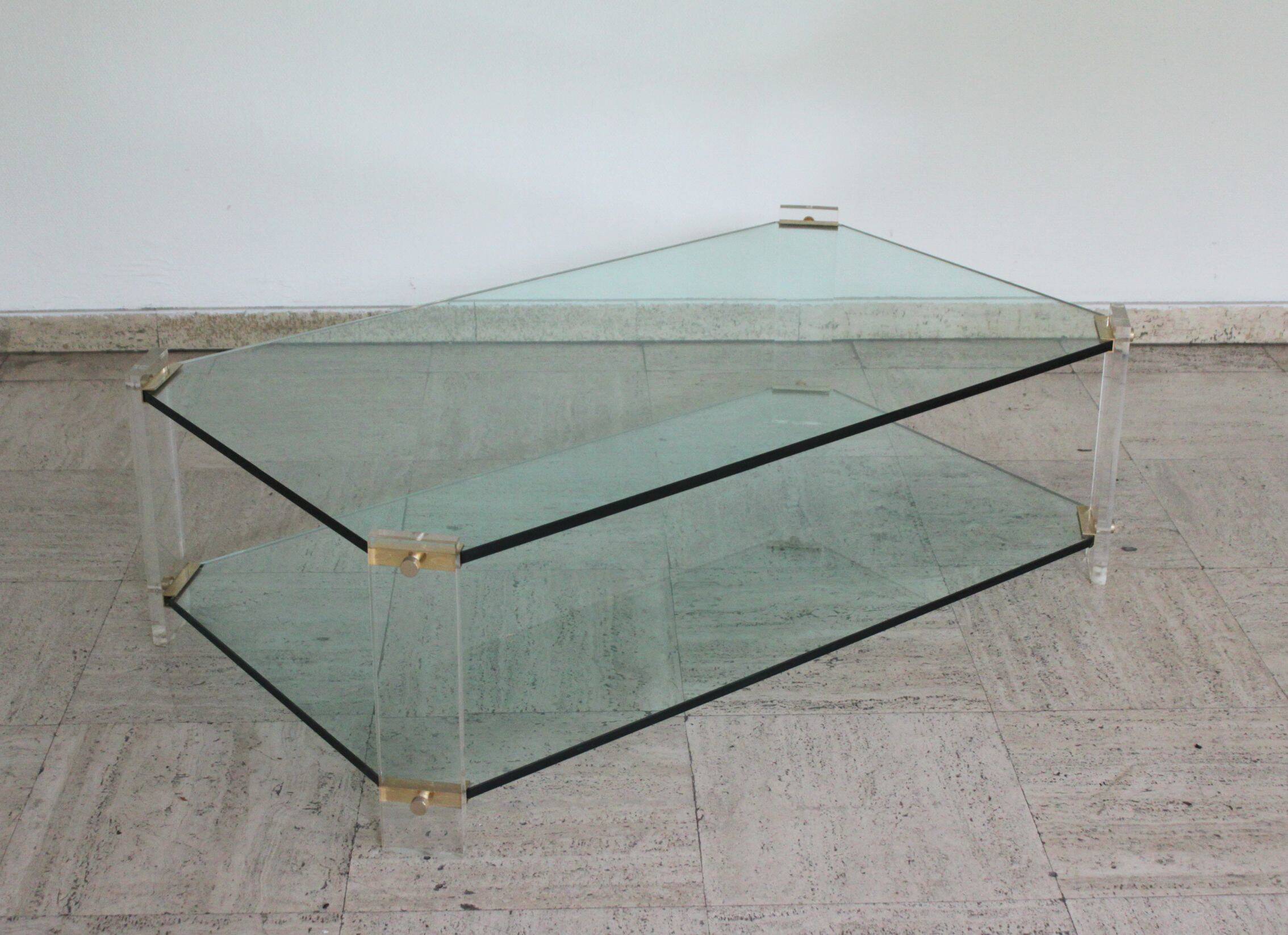 Glass and brass coffee table, Hollywood Regency style, 70's.